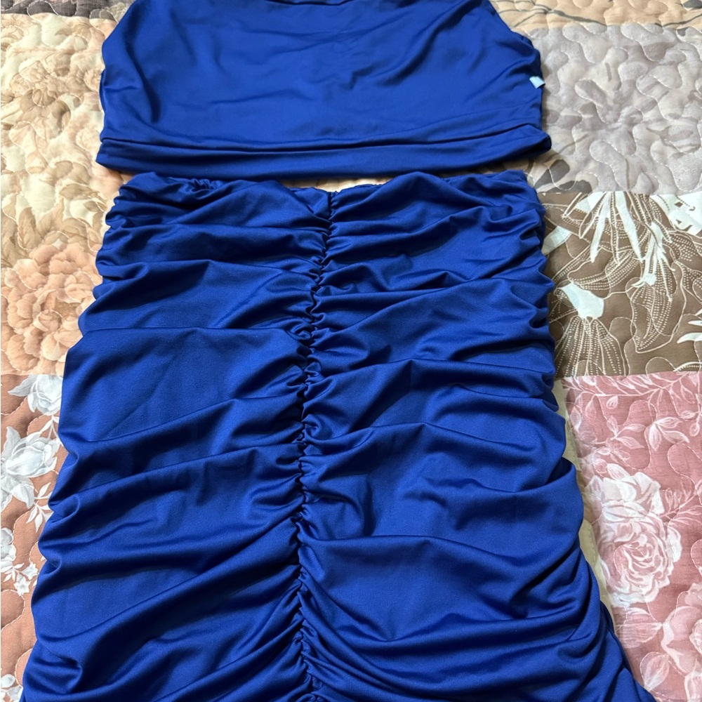 Fashion Nova Royal Blue Ruched Two-Piece Dress Set